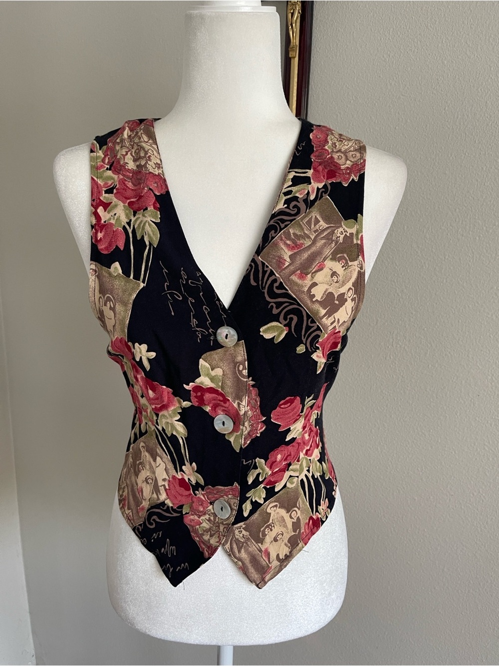 Impressions Petite Floral Button-Front Vest in Black, Pink and Tan